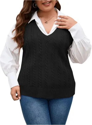 OYOANGLE Women's Plus Size Pullover Ribbed Solid Color Cable Knit Vest Top Sleeveless Stretch Sweater Vest