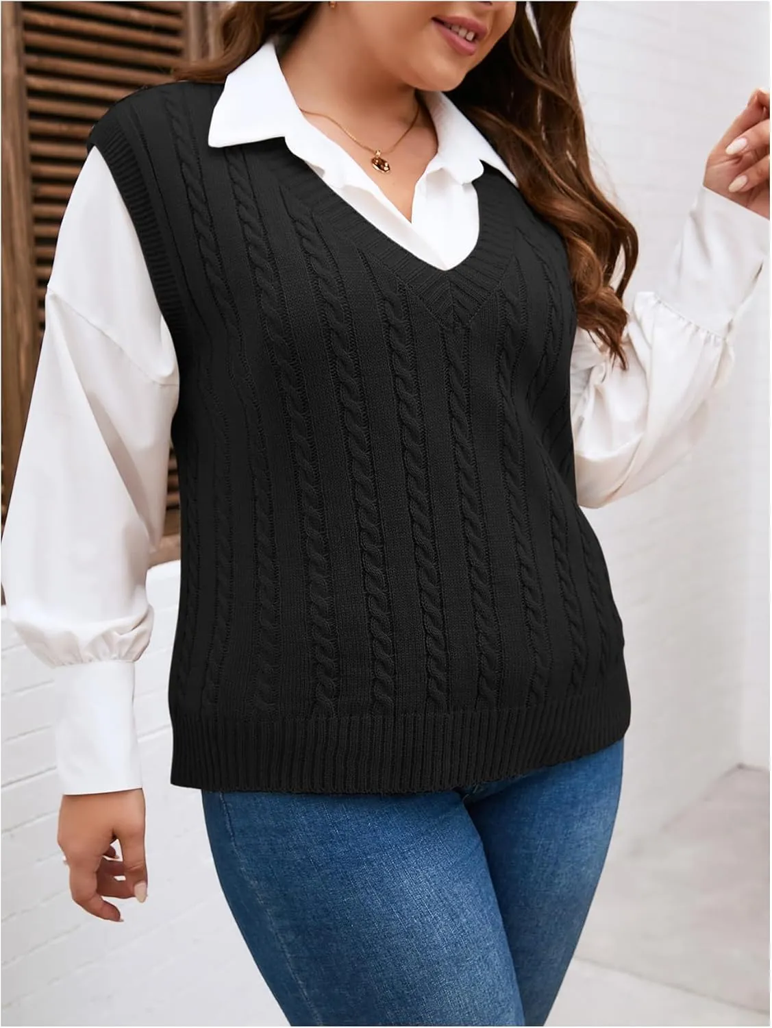 OYOANGLE Women's Plus Size Pullover Ribbed Solid Color Cable Knit Vest Top Sleeveless Stretch Sweater Vest