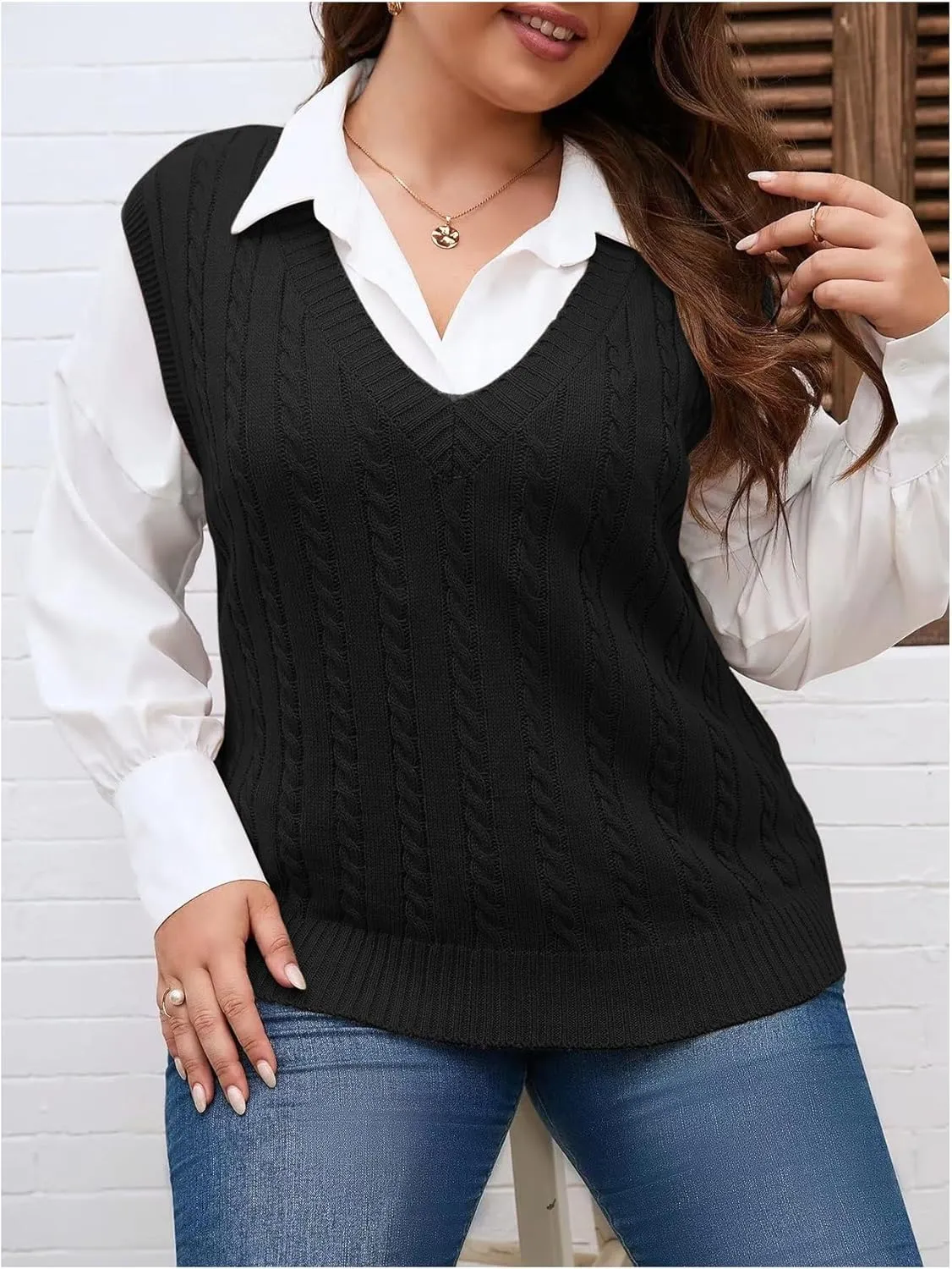 OYOANGLE Women's Plus Size Pullover Ribbed Solid Color Cable Knit Vest Top Sleeveless Stretch Sweater Vest