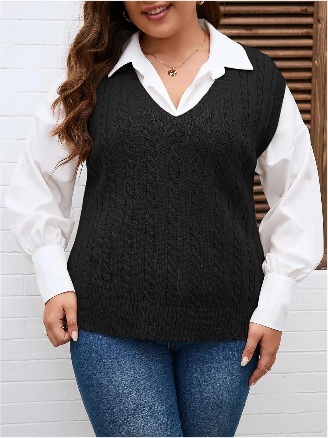 OYOANGLE Women's Plus Size Pullover Ribbed Solid Color Cable Knit Vest Top Sleeveless Stretch Sweater Vest