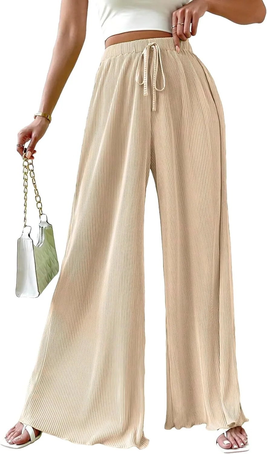 OYOANGLE Women's Rib Knit Elastic High Waist Wide Leg Pants Casual Flowy Lounge Trousers