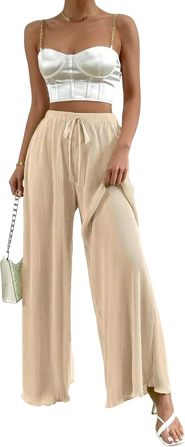 OYOANGLE Women's Rib Knit Elastic High Waist Wide Leg Pants Casual Flowy Lounge Trousers