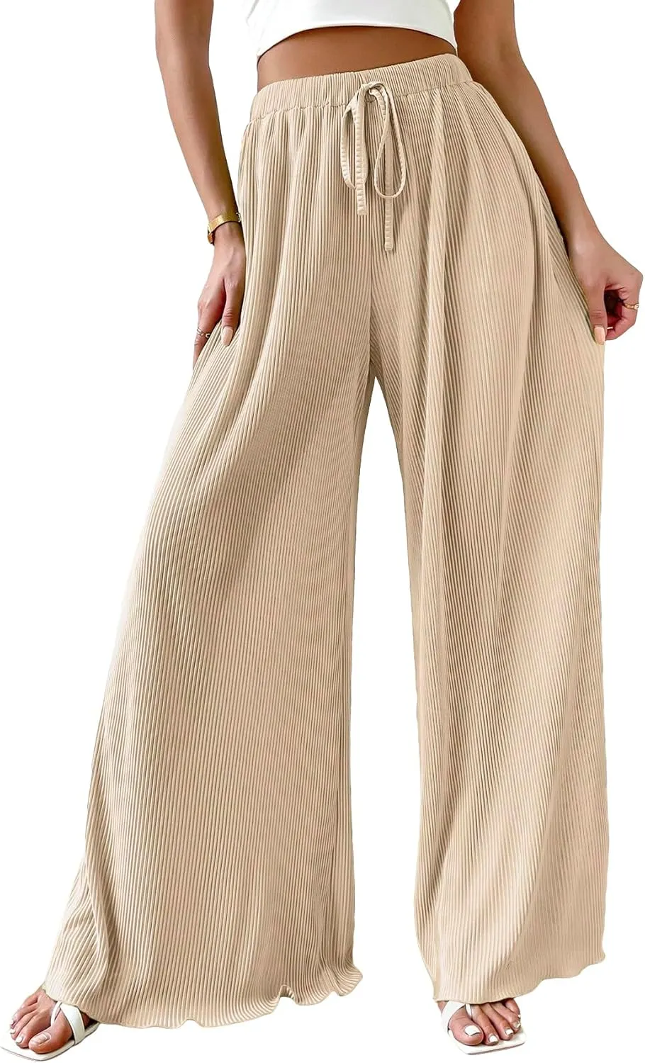 OYOANGLE Women's Rib Knit Elastic High Waist Wide Leg Pants Casual Flowy Lounge Trousers