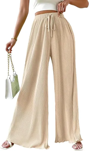 OYOANGLE Women's Rib Knit Elastic High Waist Wide Leg Pants Casual Flowy Lounge Trousers