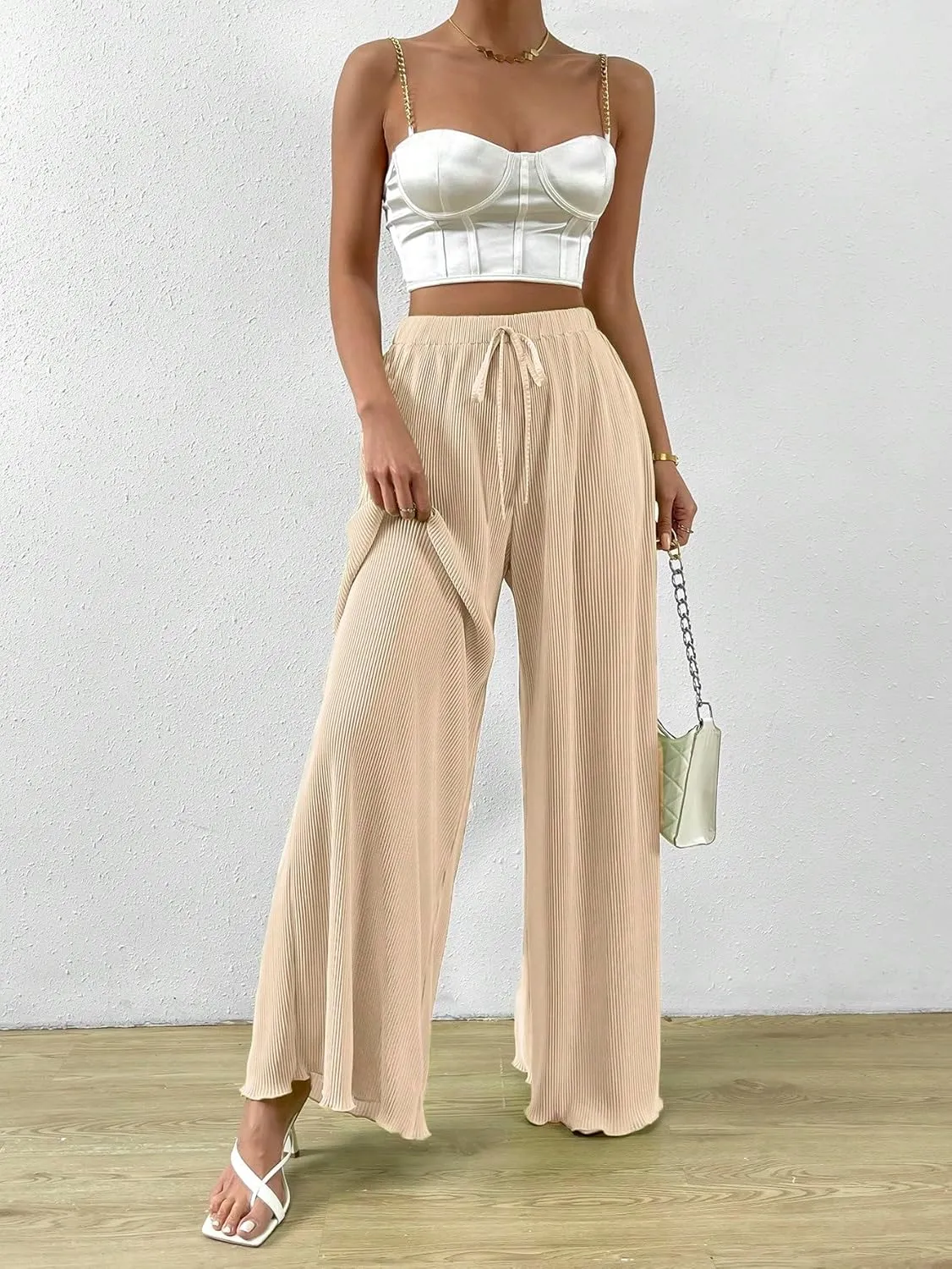 OYOANGLE Women's Rib Knit Elastic High Waist Wide Leg Pants Casual Flowy Lounge Trousers