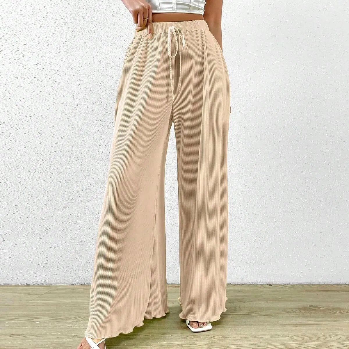 OYOANGLE Women's Rib Knit Elastic High Waist Wide Leg Pants Casual Flowy Lounge Trousers