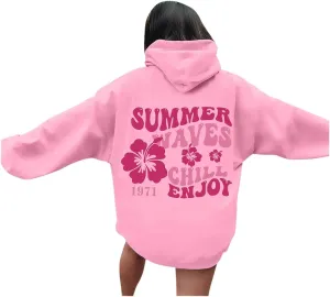 Pink Palm Hoodie For Teen Girls Casual Long Sleeve Y2K Hooded Pullover Tops Oversized Letter Graphic Hoodies With Pocket