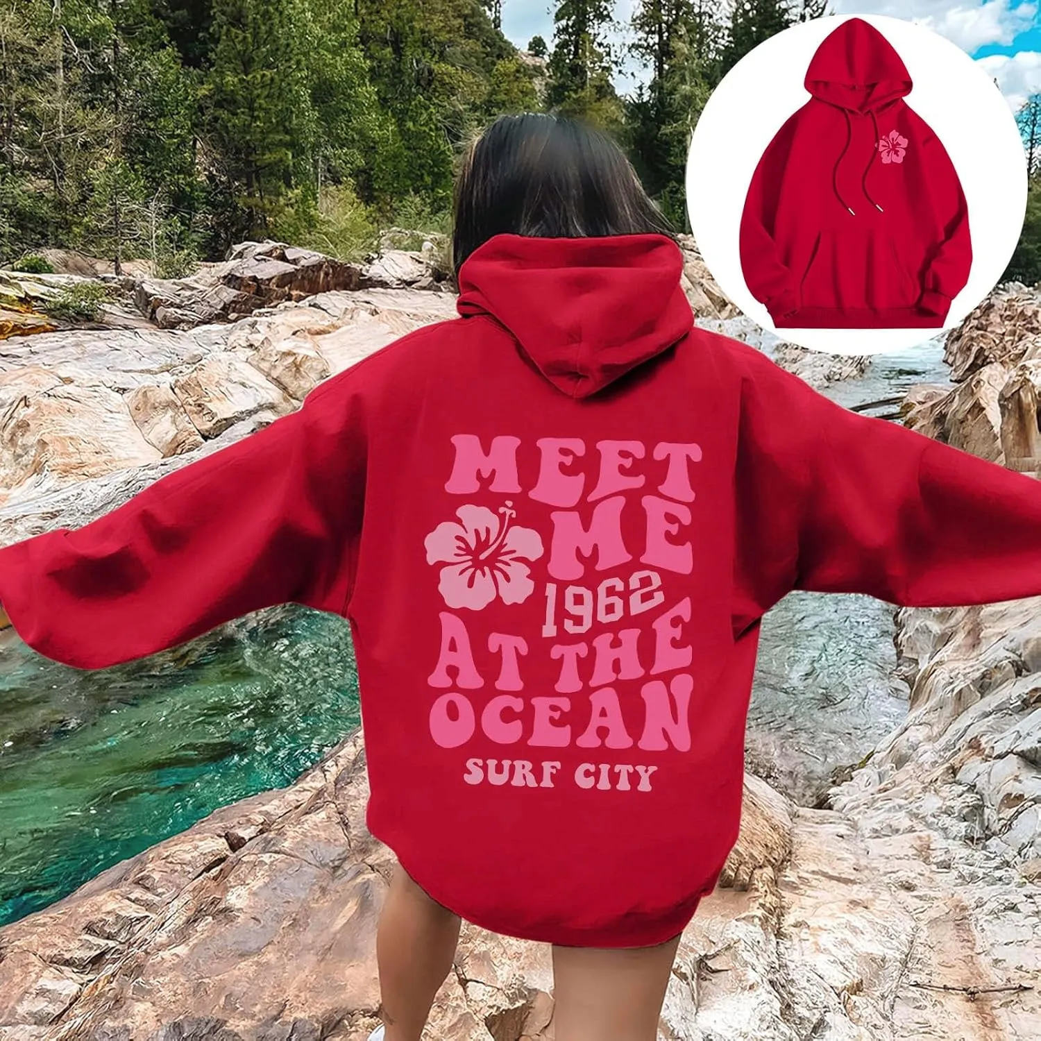 Pink Preppy Hoodie for Women Teen Girls Meet Me at The Ocean Graphic Y2K Comfort Hoodie Oversized Hooded Sweatshirts