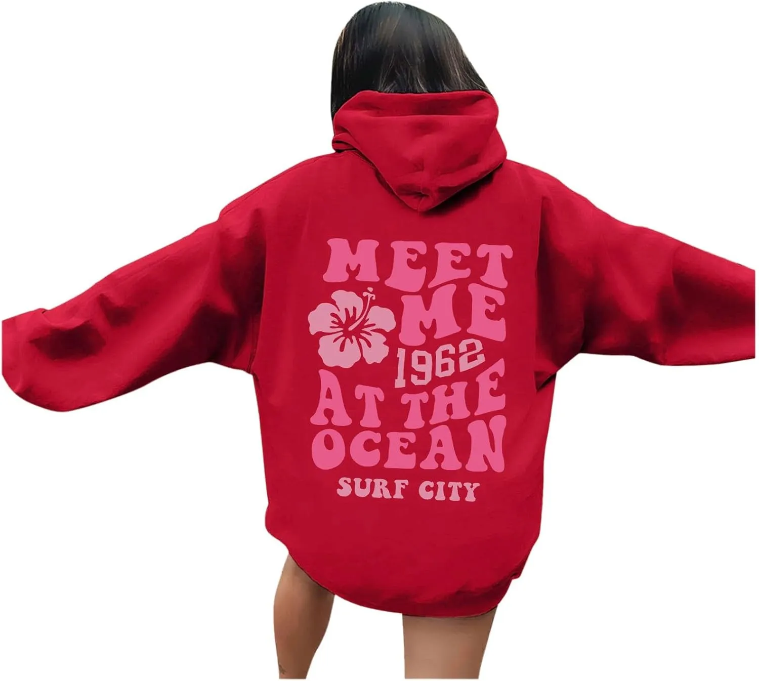 Pink Preppy Hoodie for Women Teen Girls Meet Me at The Ocean Graphic Y2K Comfort Hoodie Oversized Hooded Sweatshirts