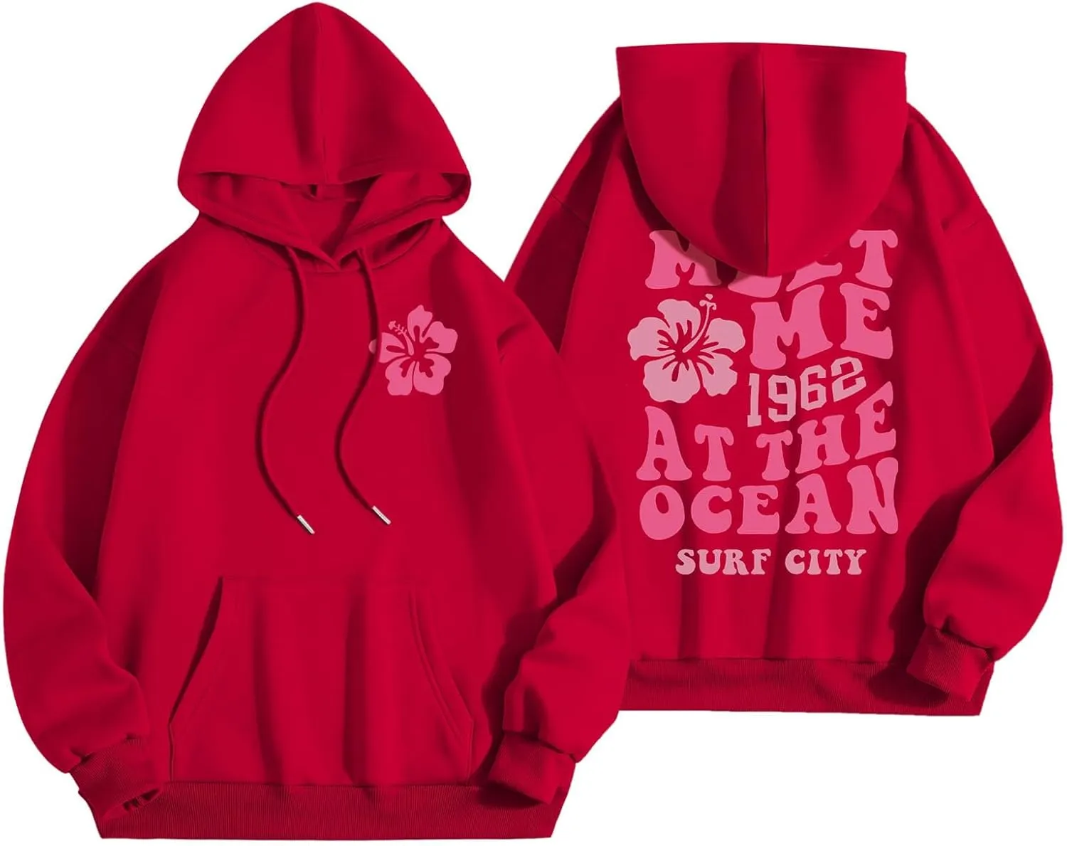 Pink Preppy Hoodie for Women Teen Girls Meet Me at The Ocean Graphic Y2K Comfort Hoodie Oversized Hooded Sweatshirts