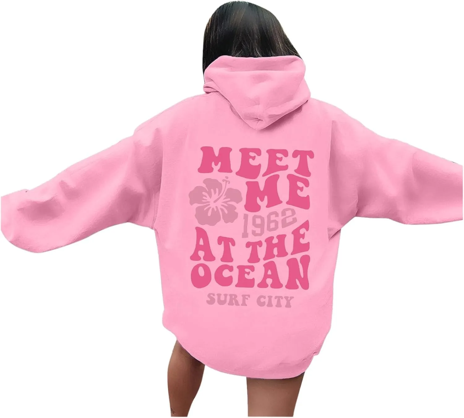 Pink Preppy Hoodie for Women Teen Girls Meet Me at The Ocean Graphic Y2K Comfort Hoodie Oversized Hooded Sweatshirts