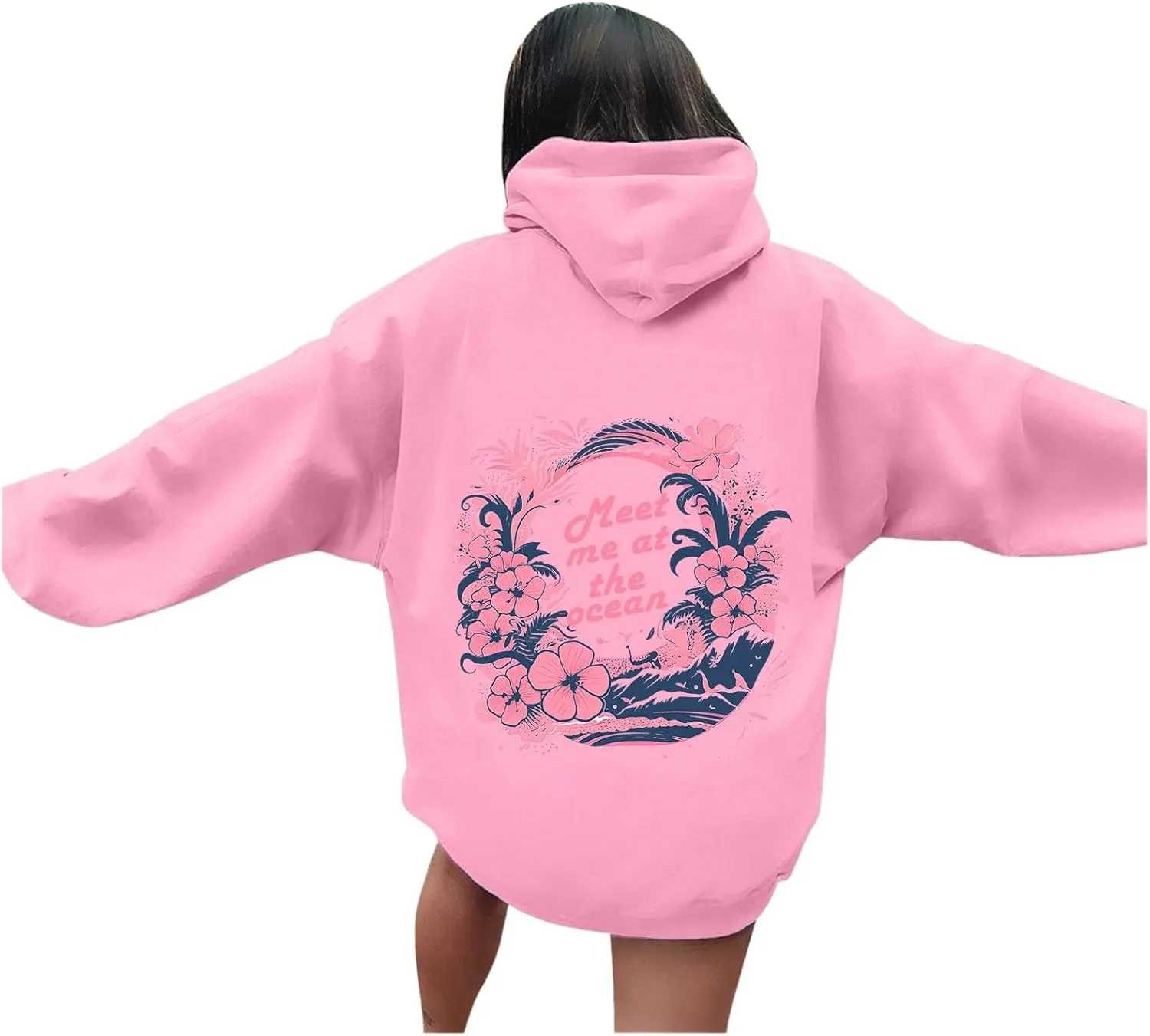 Pink Preppy Hoodie for Women Teen Girls Meet Me at The Ocean Graphic Y2K Comfort Hoodie Oversized Hooded Sweatshirts