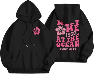 Pink Preppy Hoodie for Women Teen Girls Meet Me at The Ocean Graphic Y2K Comfort Hoodie Oversized Hooded Sweatshirts