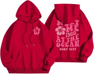 Pink Preppy Hoodie for Women Teen Girls Meet Me at The Ocean Graphic Y2K Comfort Hoodie Oversized Hooded Sweatshirts