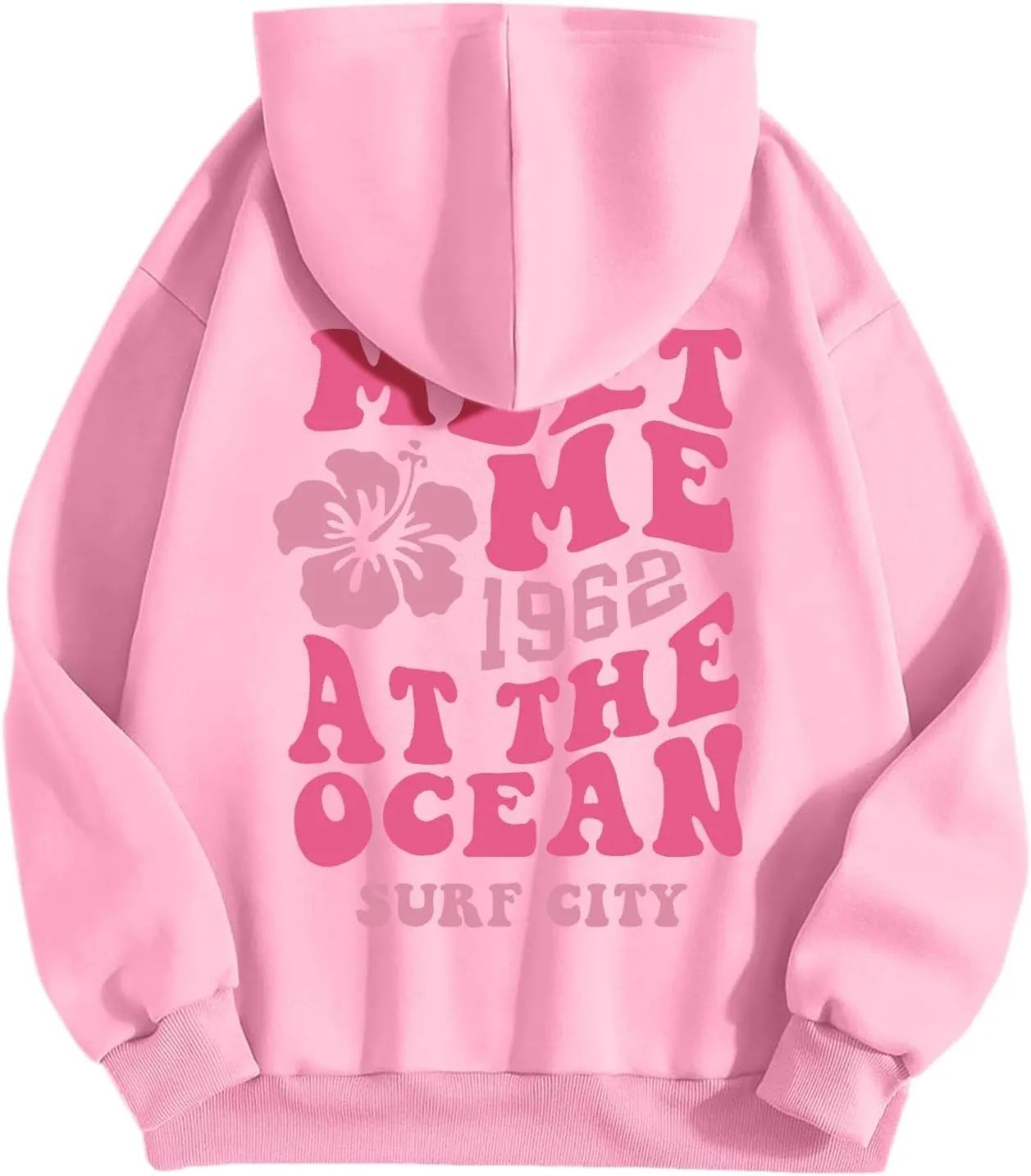 Pink Preppy Hoodie for Women Teen Girls Meet Me at The Ocean Graphic Y2K Comfort Hoodie Oversized Hooded Sweatshirts