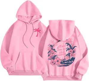 Pink Preppy Hoodie for Women Teen Girls Meet Me at The Ocean Graphic Y2K Comfort Hoodie Oversized Hooded Sweatshirts