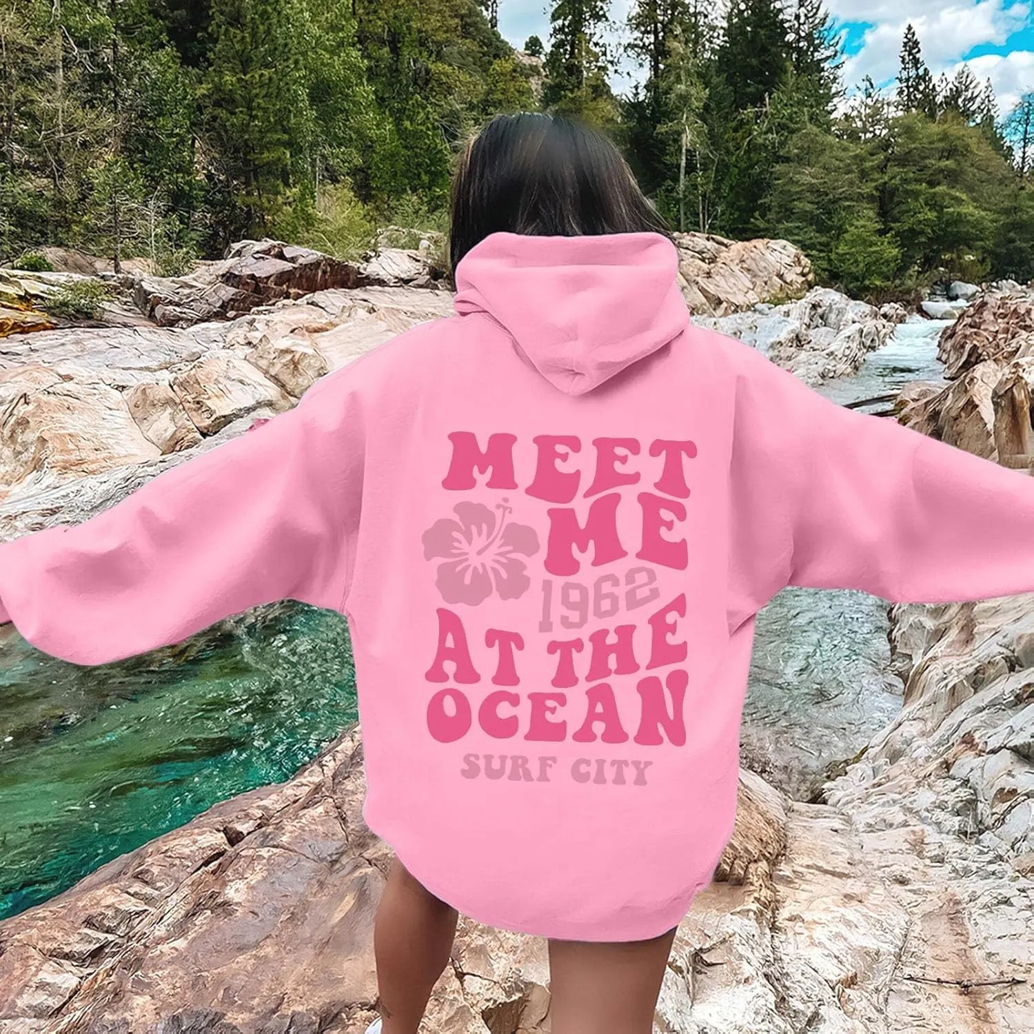 Pink Preppy Hoodie for Women Teen Girls Meet Me at The Ocean Graphic Y2K Comfort Hoodie Oversized Hooded Sweatshirts