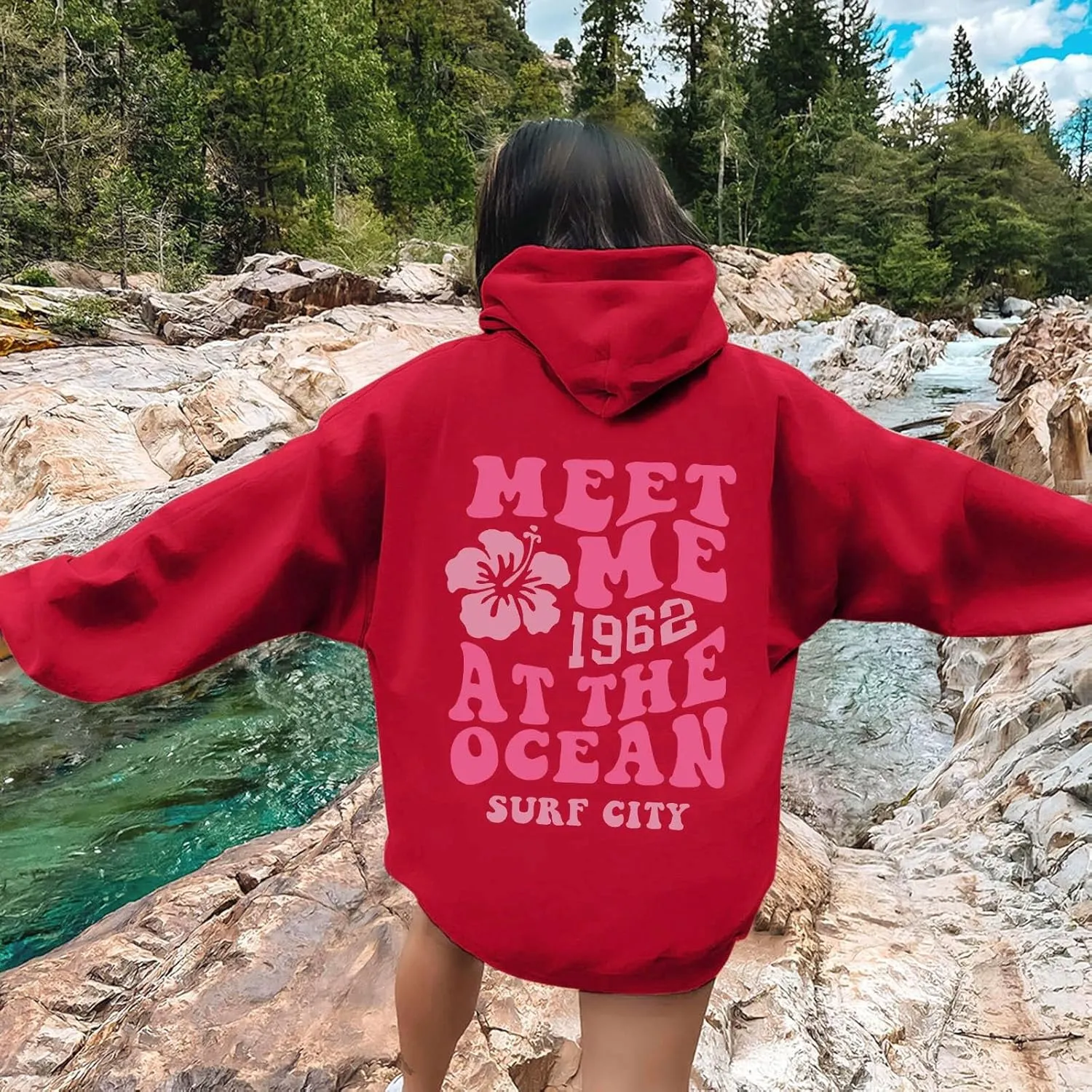 Pink Preppy Hoodie for Women Teen Girls Meet Me at The Ocean Graphic Y2K Comfort Hoodie Oversized Hooded Sweatshirts