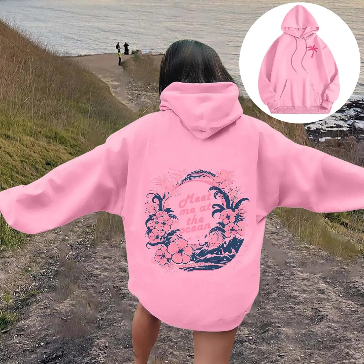 Pink Preppy Hoodie for Women Teen Girls Meet Me at The Ocean Graphic Y2K Comfort Hoodie Oversized Hooded Sweatshirts