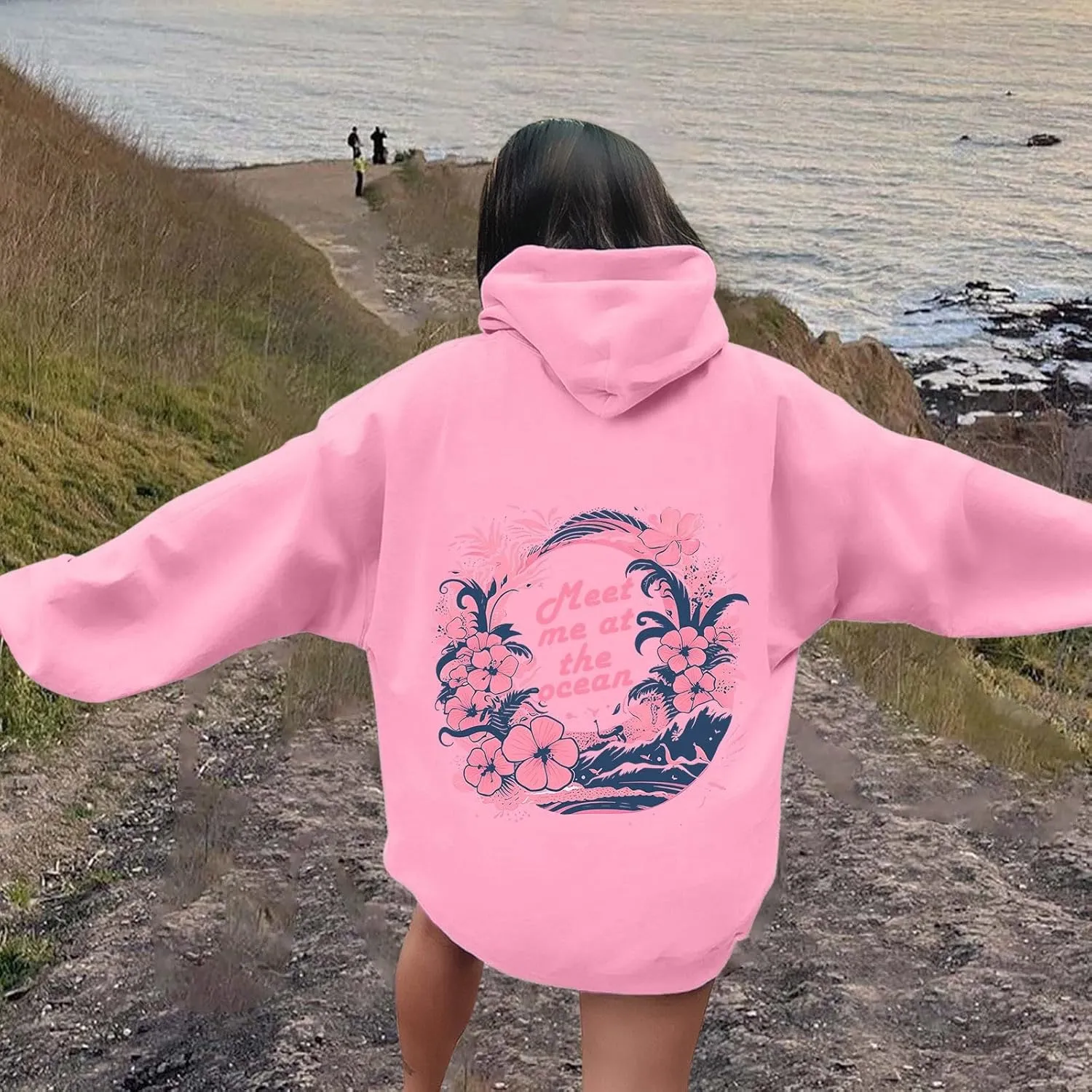 Pink Preppy Hoodie for Women Teen Girls Meet Me at The Ocean Graphic Y2K Comfort Hoodie Oversized Hooded Sweatshirts