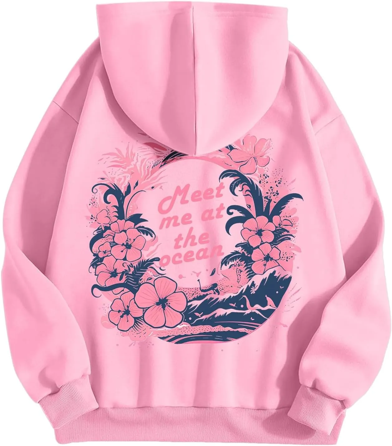 Pink Preppy Hoodie for Women Teen Girls Meet Me at The Ocean Graphic Y2K Comfort Hoodie Oversized Hooded Sweatshirts