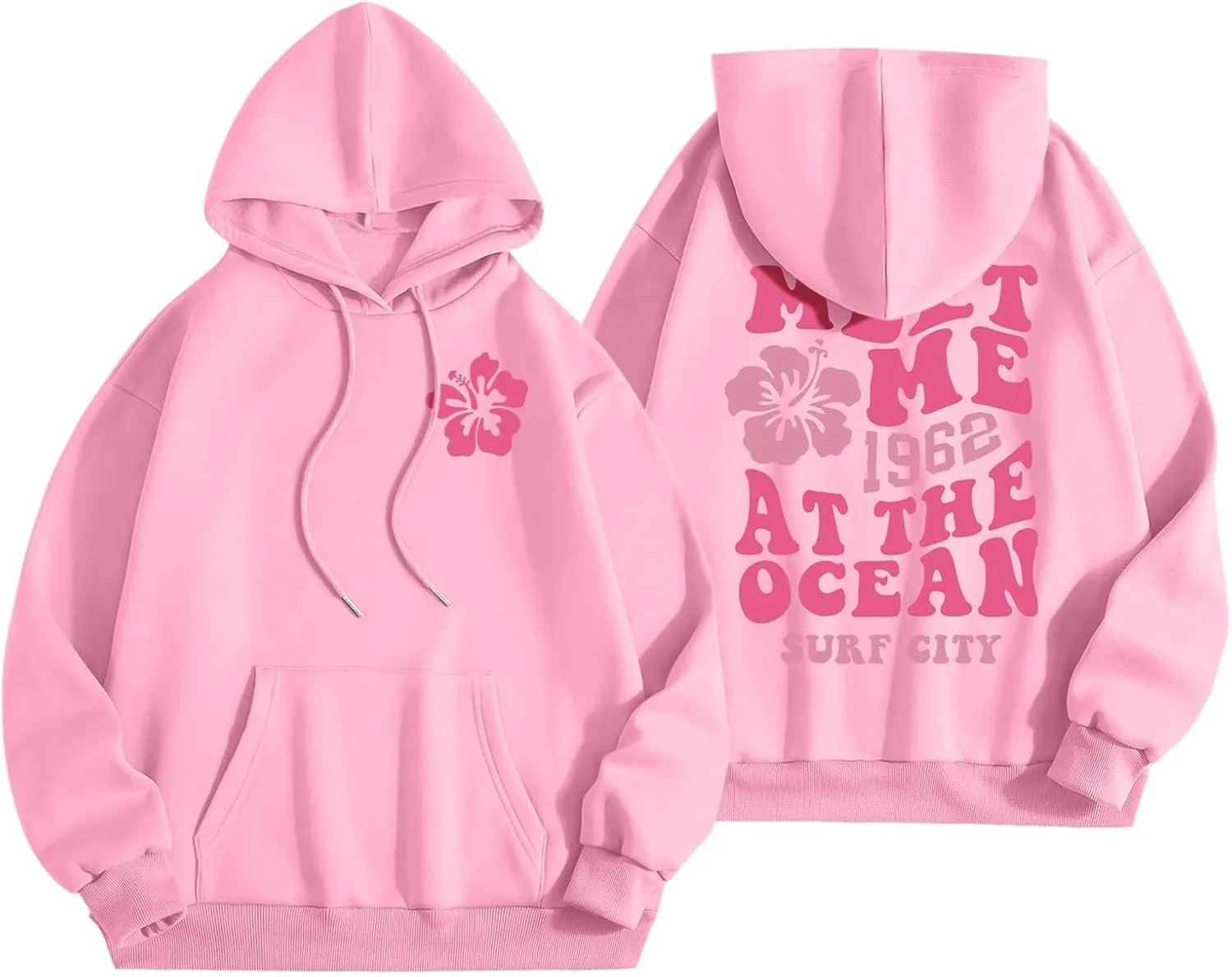 Pink Preppy Hoodie for Women Teen Girls Meet Me at The Ocean Graphic Y2K Comfort Hoodie Oversized Hooded Sweatshirts