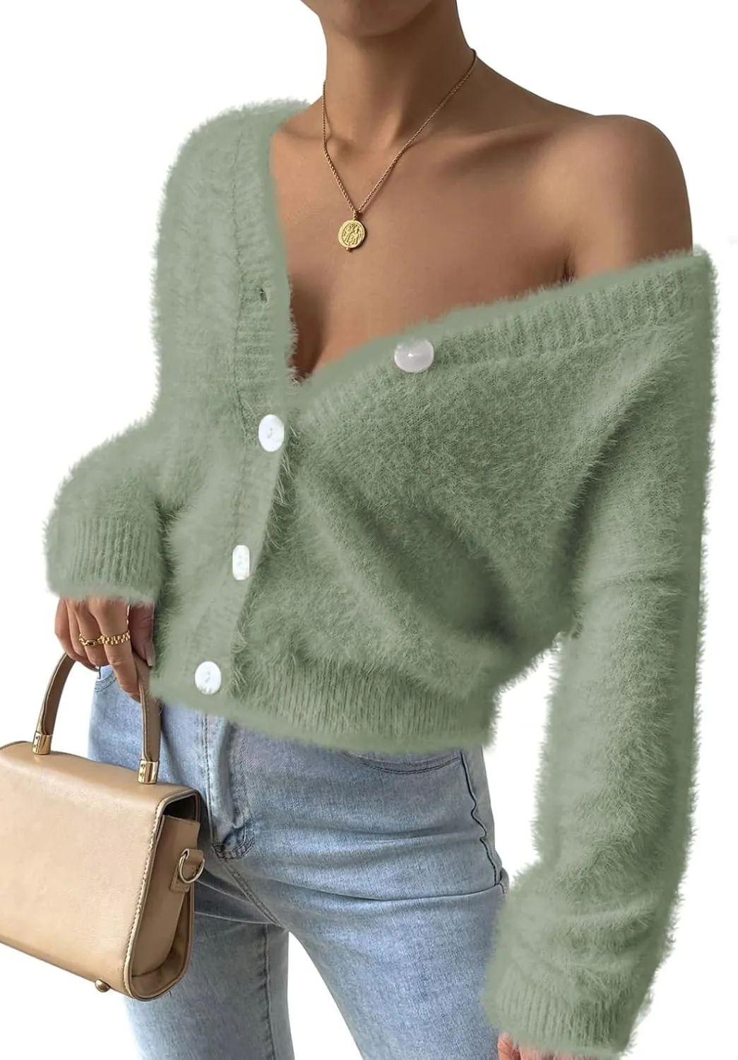 Pink Queen Women's Furry Cropped Cardigan Batwing Sleeves Open Front V-Neck Button Down Loose Casual Knit Sweater Coat