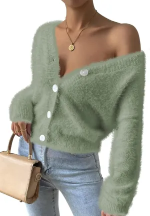 Pink Queen Women's Furry Cropped Cardigan Batwing Sleeves Open Front V-Neck Button Down Loose Casual Knit Sweater Coat