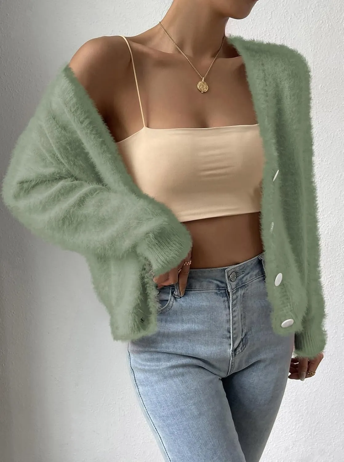 Pink Queen Women's Furry Cropped Cardigan Batwing Sleeves Open Front V-Neck Button Down Loose Casual Knit Sweater Coat