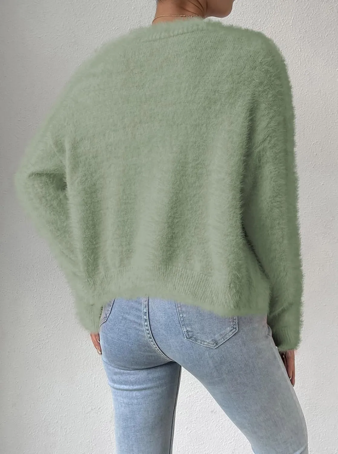 Pink Queen Women's Furry Cropped Cardigan Batwing Sleeves Open Front V-Neck Button Down Loose Casual Knit Sweater Coat