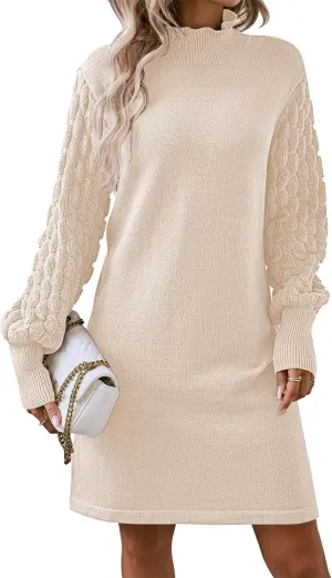 Pink Queen Women's Long Sleeve Sweater Mini Dress Casual Loose Mock Neck Empire Waist Cocktail Party Knit Short Dresses