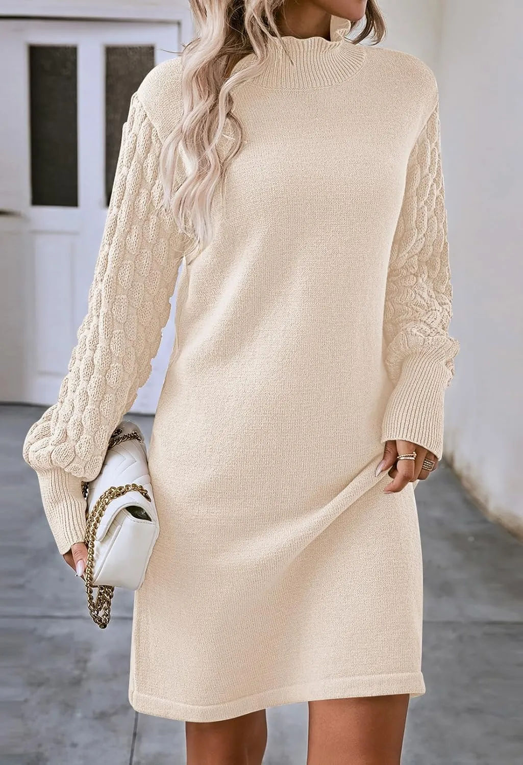 Pink Queen Women's Long Sleeve Sweater Mini Dress Casual Loose Mock Neck Empire Waist Cocktail Party Knit Short Dresses