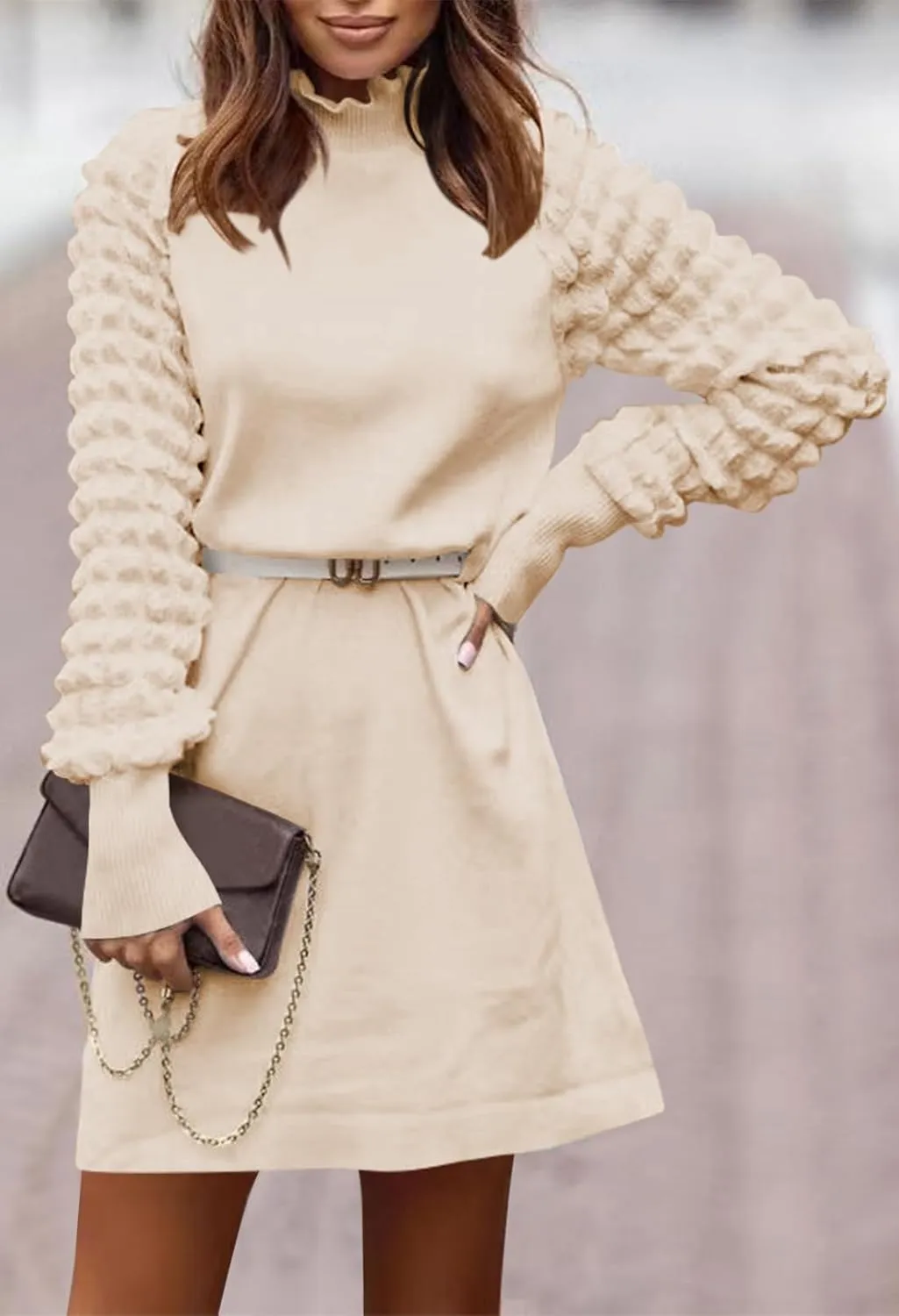 Pink Queen Women's Long Sleeve Sweater Mini Dress Casual Loose Mock Neck Empire Waist Cocktail Party Knit Short Dresses