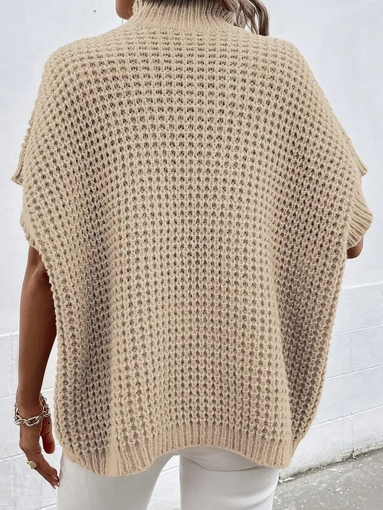Pink Queen Women's Mock Neck Batwing Short Sleeve Loose Oversized Knit Pullover Sweater Jumper Tops