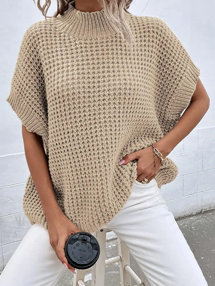 Pink Queen Women's Mock Neck Batwing Short Sleeve Loose Oversized Knit Pullover Sweater Jumper Tops