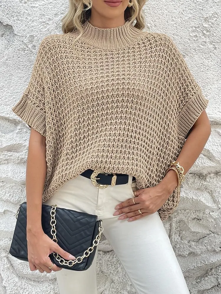 Pink Queen Women's Mock Neck Batwing Short Sleeve Loose Oversized Knit Pullover Sweater Jumper Tops