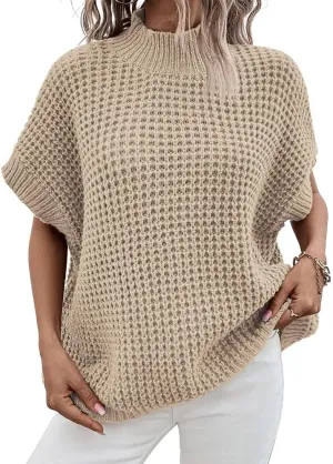 Pink Queen Women's Mock Neck Batwing Short Sleeve Loose Oversized Knit Pullover Sweater Jumper Tops