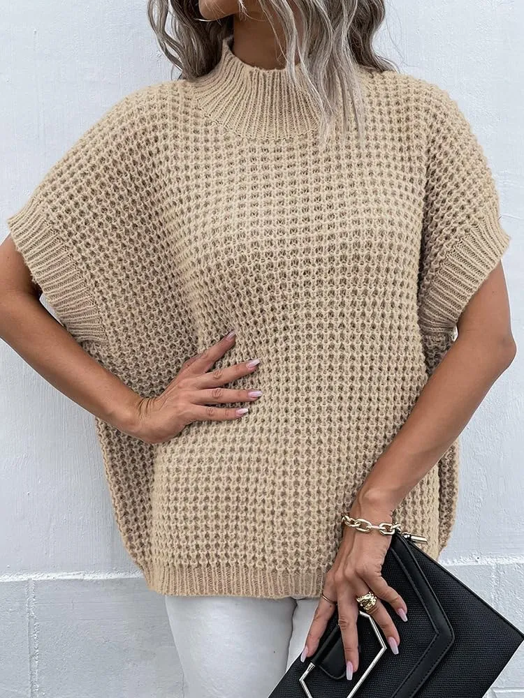 Pink Queen Women's Mock Neck Batwing Short Sleeve Loose Oversized Knit Pullover Sweater Jumper Tops