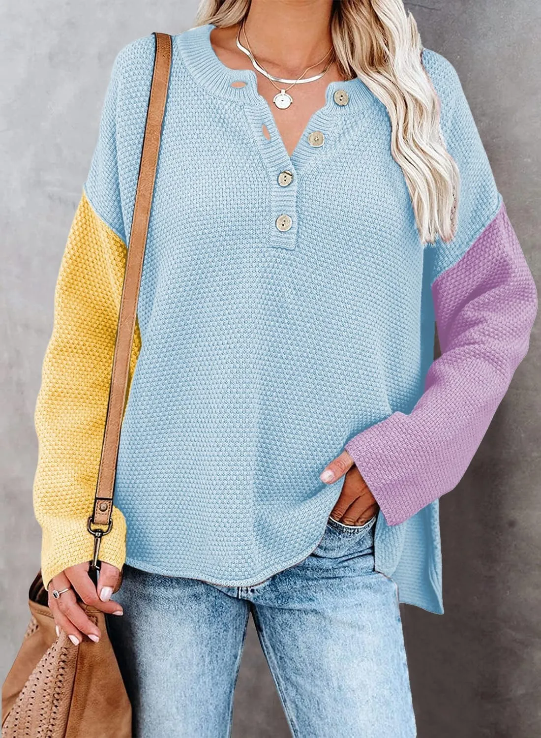Pink Queen Women's V Neck Button Sweater Oversized Batwing Long Sleeve Henley Pullover Knit Jumper Top