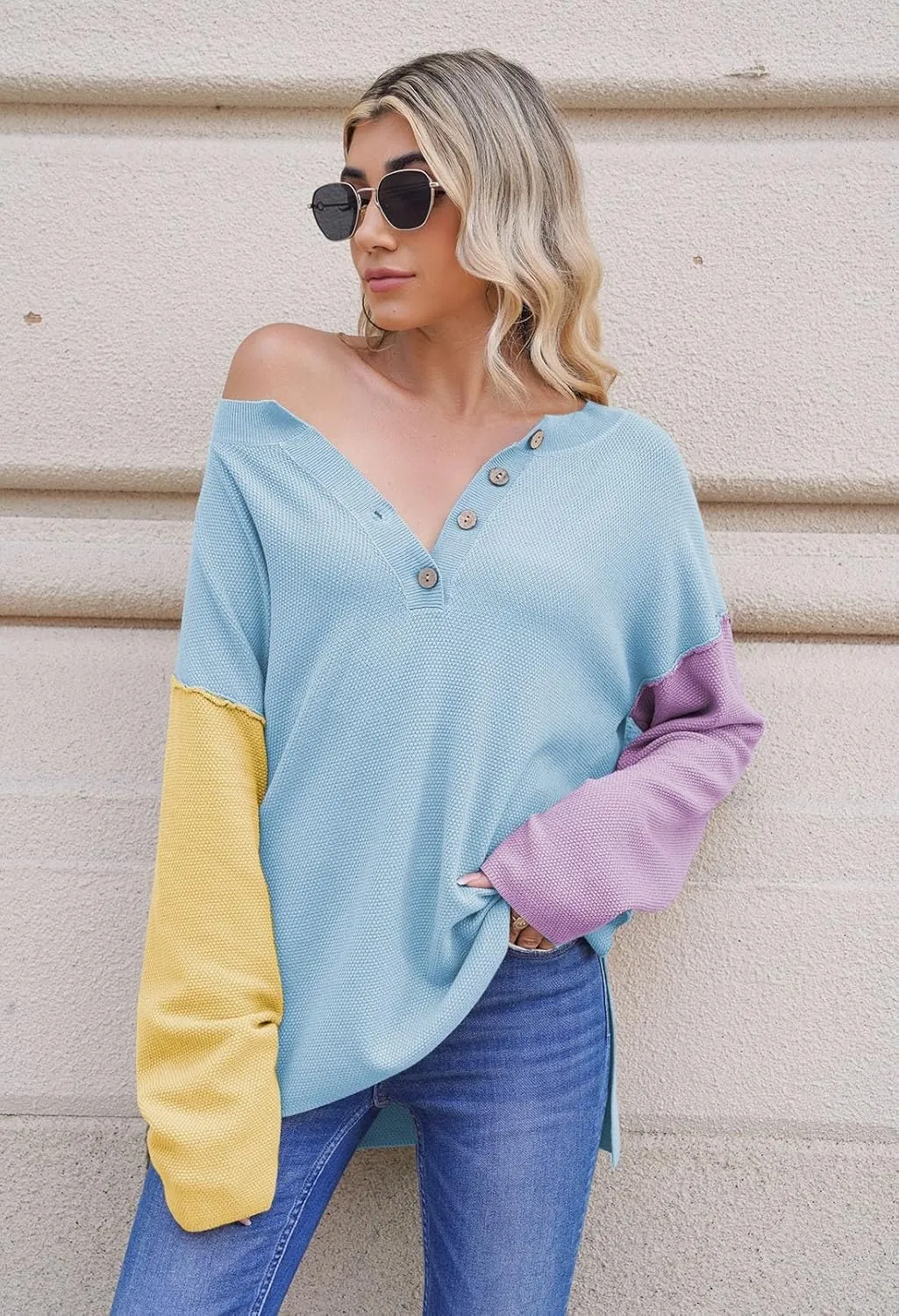 Pink Queen Women's V Neck Button Sweater Oversized Batwing Long Sleeve Henley Pullover Knit Jumper Top