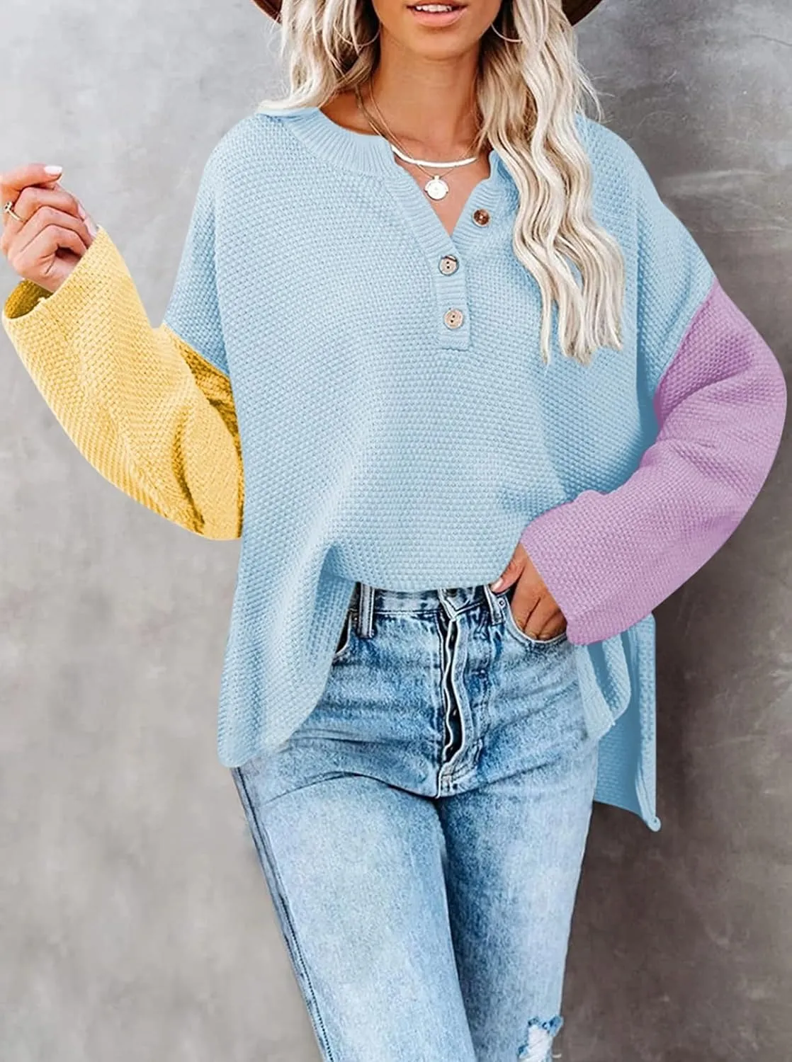 Pink Queen Women's V Neck Button Sweater Oversized Batwing Long Sleeve Henley Pullover Knit Jumper Top