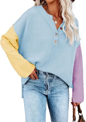 Pink Queen Women's V Neck Button Sweater Oversized Batwing Long Sleeve Henley Pullover Knit Jumper Top