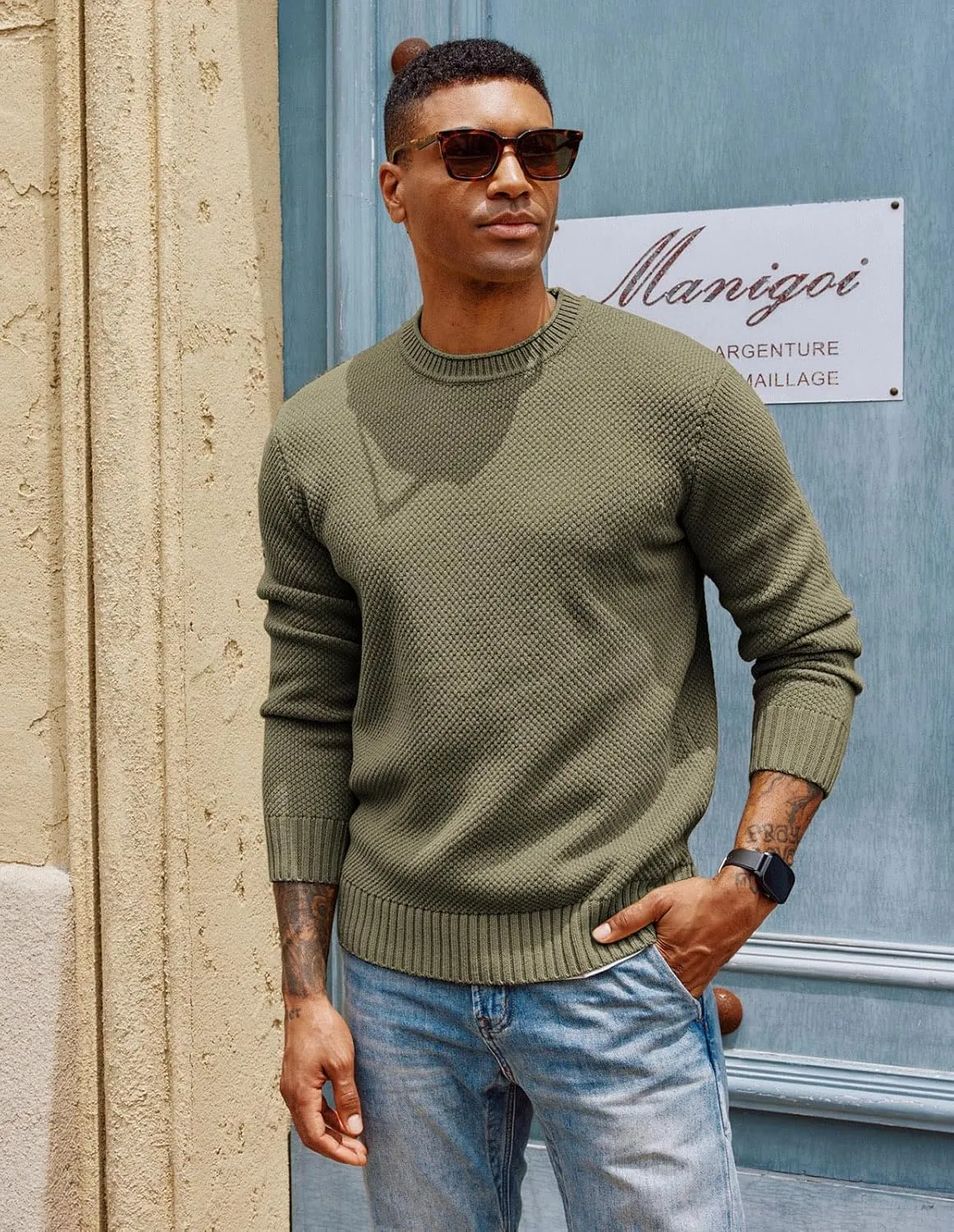 PJ PAUL JONES Men's Crewneck Pullover Sweater Casual Thick Weave Textured Sweaters