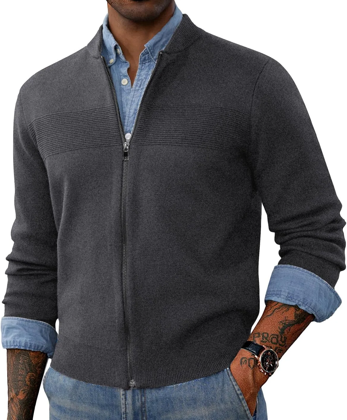 PJ PAUL JONES Mens Full Zip Cardigan Sweater Stand Collar Regular Fit Knit Sweaters