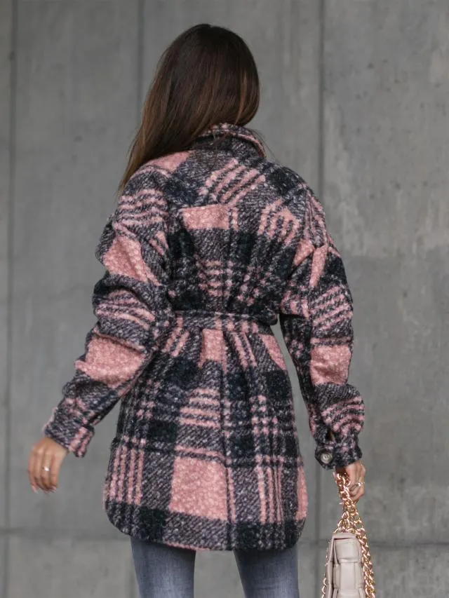 Plaid Button Waist Tie Jacket Top