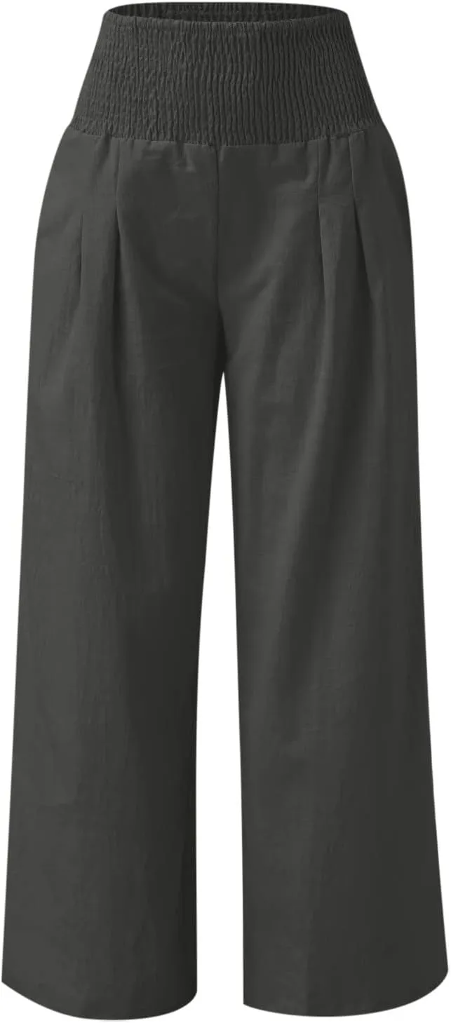 Plus Size Cotton Linen Pants for Women Casual Elastic High Waist Wide Leg Pants 2025 Summer Fashion Trousers with Pockets