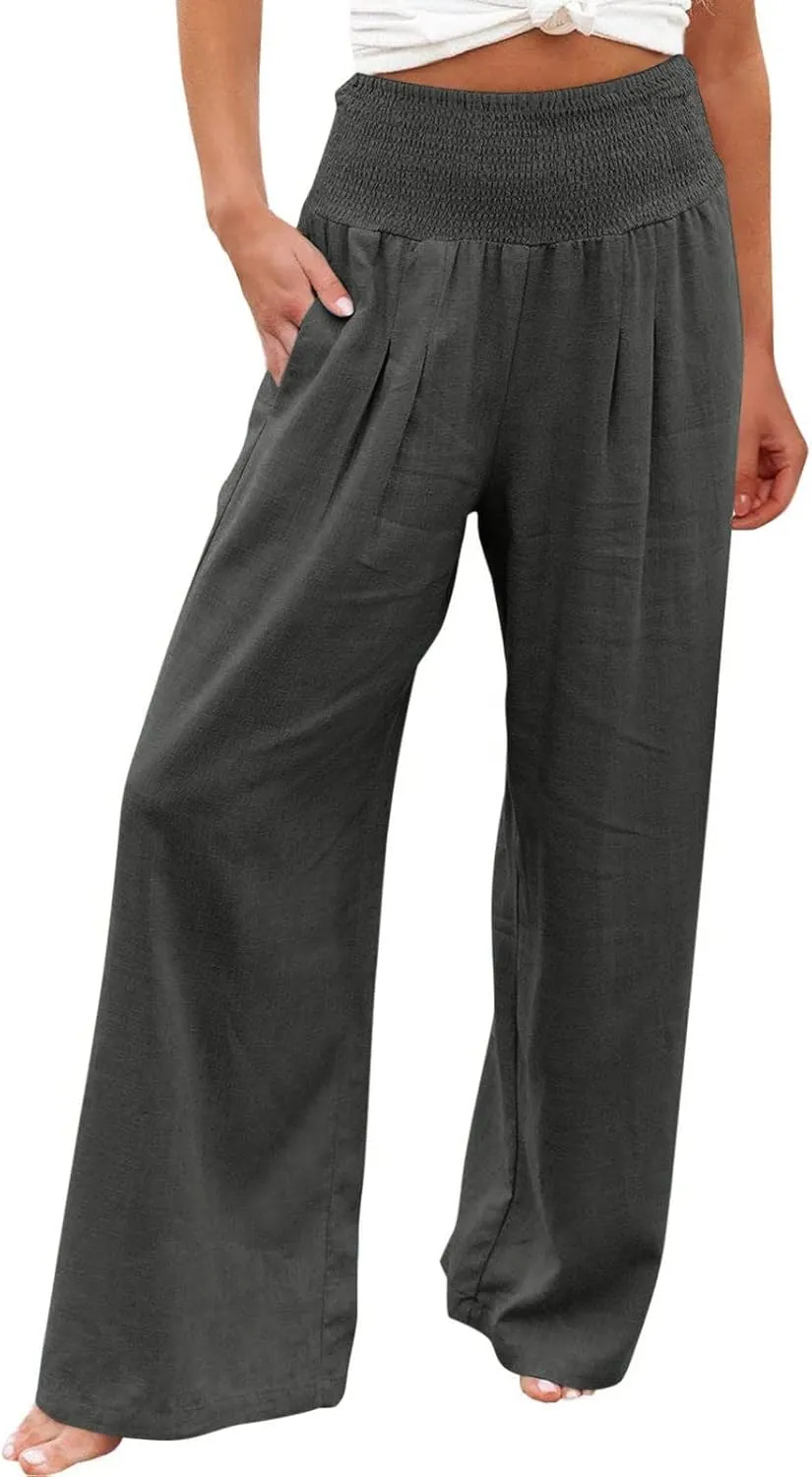 Plus Size Cotton Linen Pants for Women Casual Elastic High Waist Wide Leg Pants 2025 Summer Fashion Trousers with Pockets