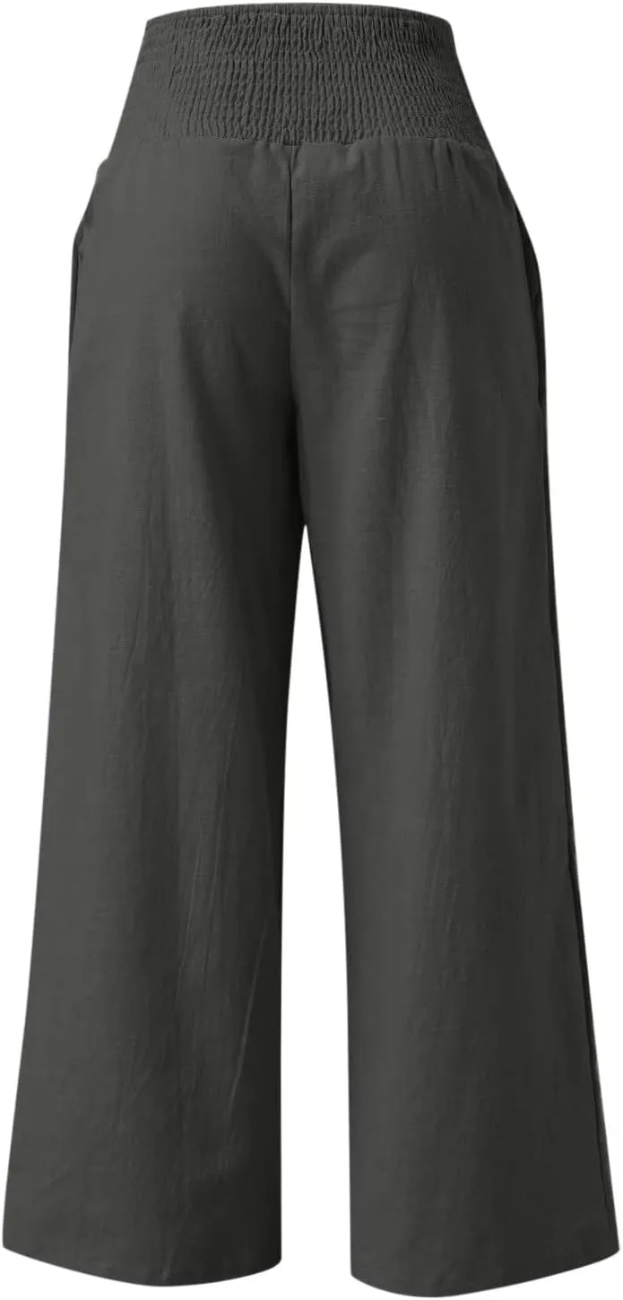 Plus Size Cotton Linen Pants for Women Casual Elastic High Waist Wide Leg Pants 2025 Summer Fashion Trousers with Pockets