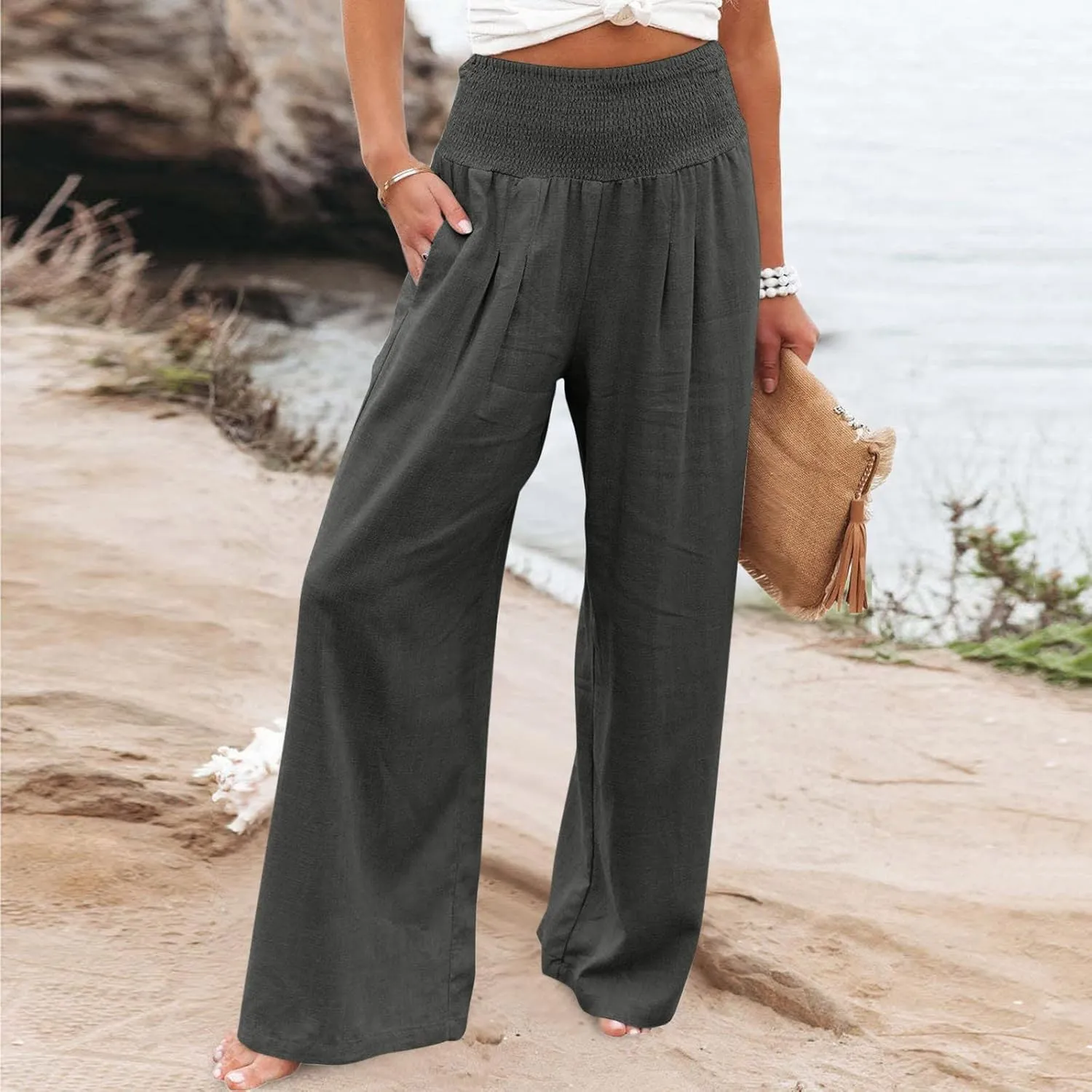 Plus Size Cotton Linen Pants for Women Casual Elastic High Waist Wide Leg Pants 2025 Summer Fashion Trousers with Pockets