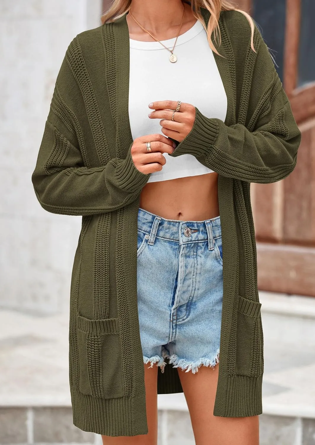 PRETTYGARDEN Women's Fall Loose Open Front Cardigan Long Sleeve Cable Knit Sweaters Lightweight Outwear with Pockets
